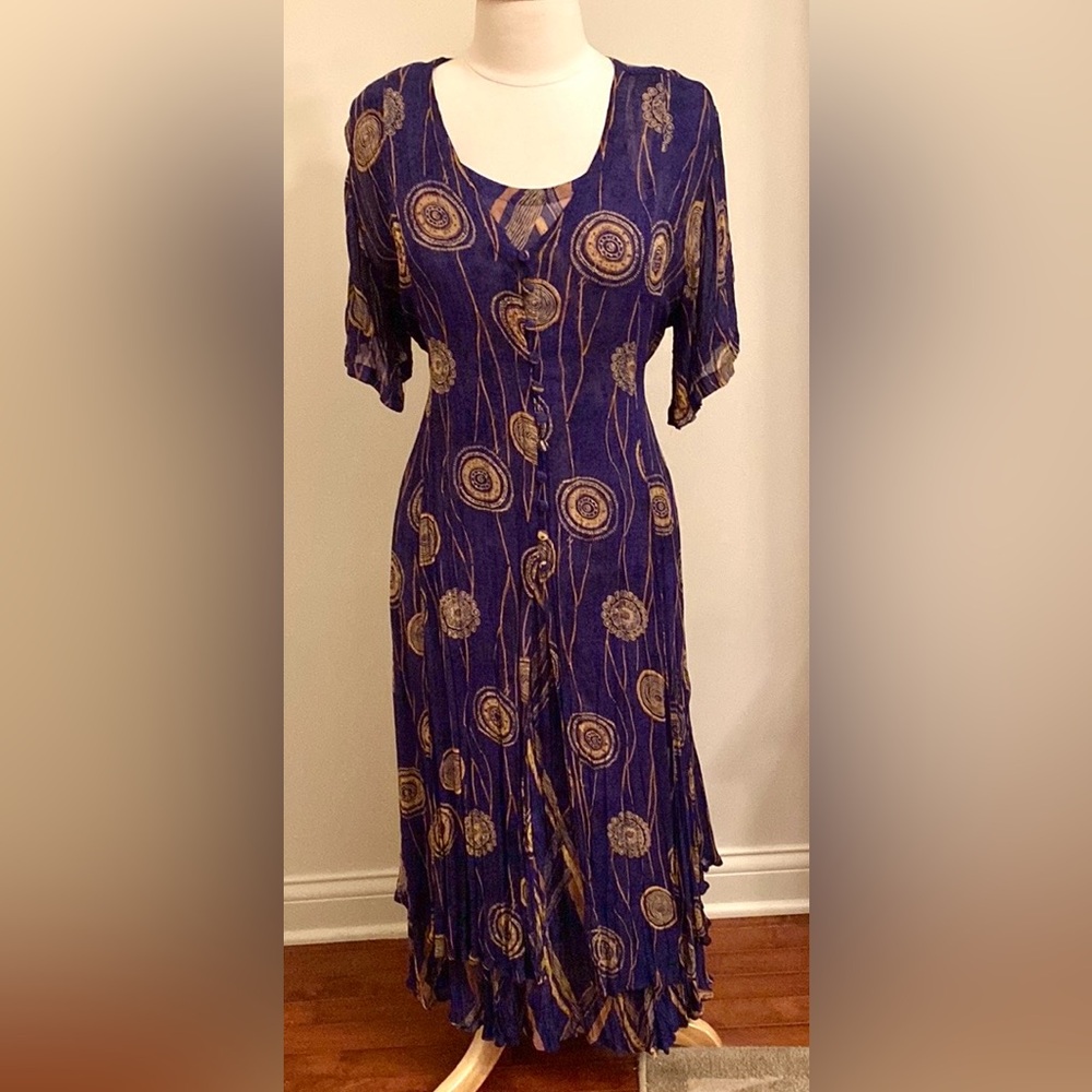 Olivia Vintage Blue Gold MP Artsy Contemporary Retro Crepe Crinkle  Maxi Dress